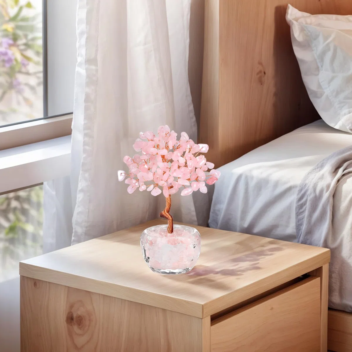 RIVIEVAL Albero di cristallo di quarzo rosa fatto a mano, albero di pietre preziose curative per la casa e l'ufficio, albero dei chakra, regalo di buona fortuna per le donne, compleanno (rosa)