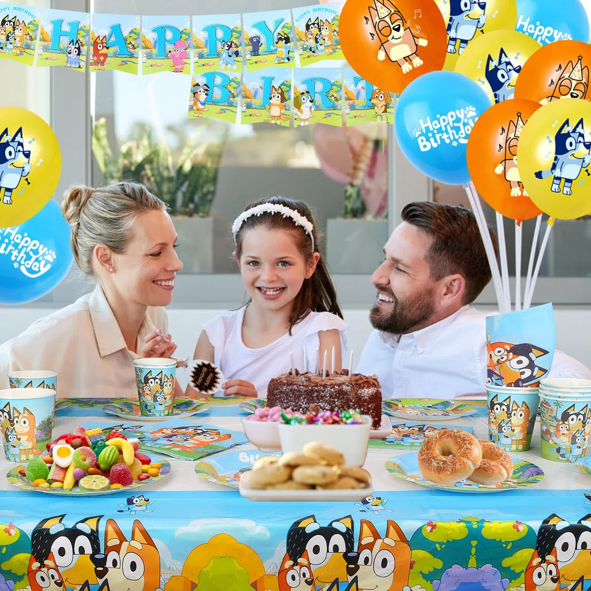 Bluey Decorazioni per Feste di Compleanno, 60 Pezzi Set di Stoviglie per Festa di Compleanno Bluey, Inclusi Tovaglia, Piatti, Tazze, Striscione, Palloncini, Tovaglioli