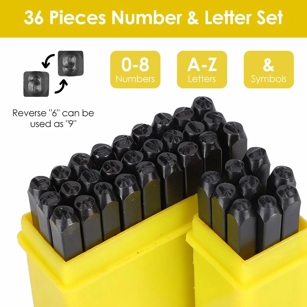 Punzone Alfabeto con Lettera Numerica, 36 Pz Set di Punzoni in Acciaio al Carbonio Set di Strumenti per Punzoni per Impieghi Pesanti Kit di Strumenti per Stampaggio in Metallo per Pelle Metallica(5mm)