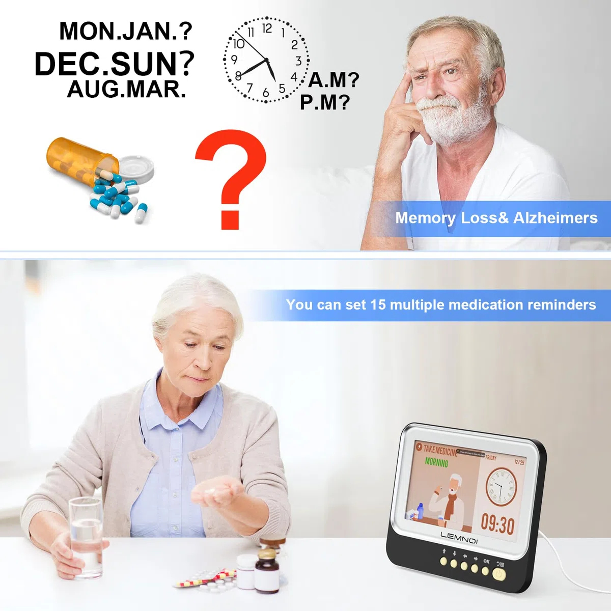 LEMNOI Sveglia Digitale,Orologio Anziani Demenza con Giorno e Data,Calendario Elettronico Orologio da Parete per anziani, ipovedent,15 Allarmi & Promemoria farmaci,Oscuramento Automatico (nero)