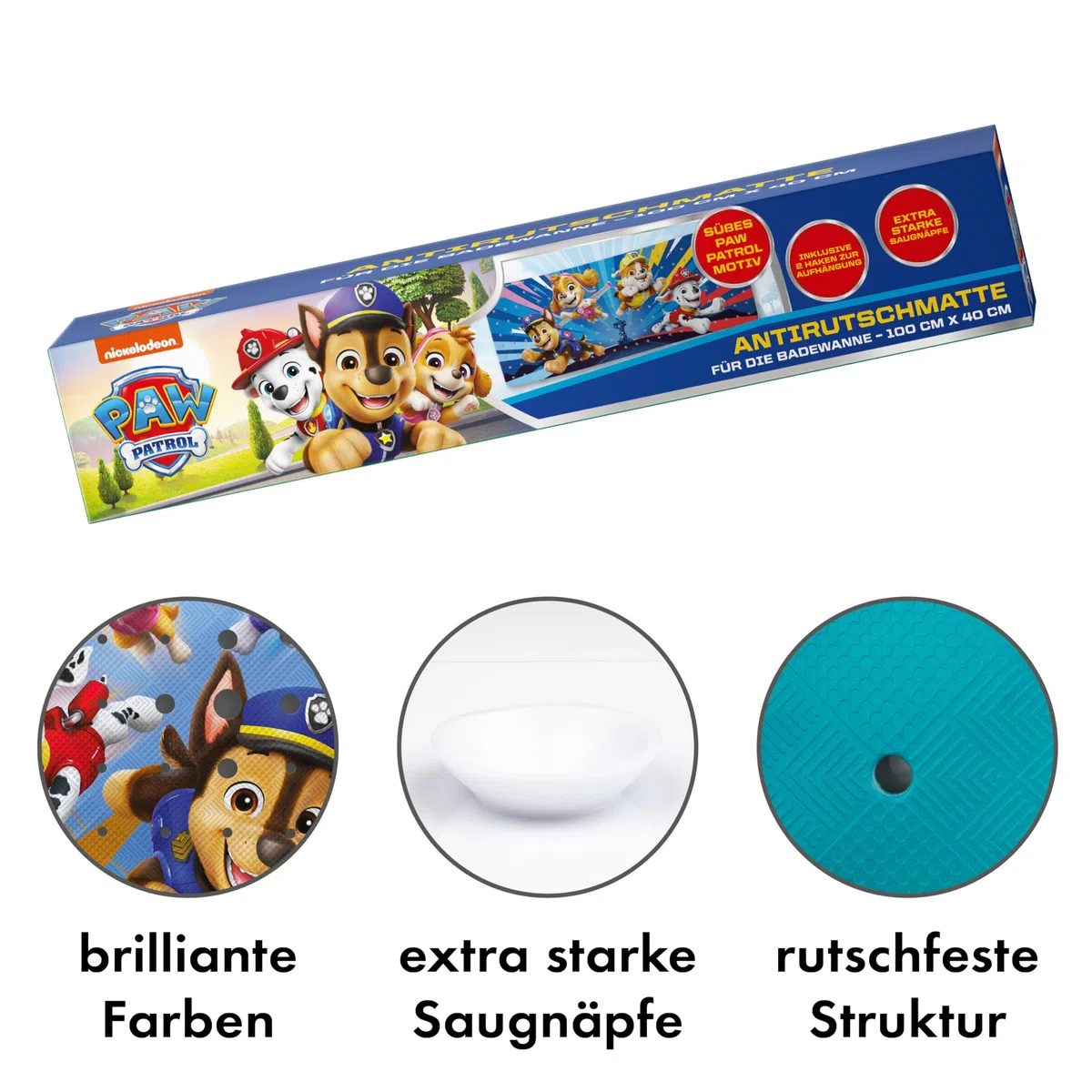 PAW Patrol Tappetino da bagno antiscivolo per bambini, antimuffa, antibatterico, con ventose, ganci e fori di scarico, 100 x 40 cm