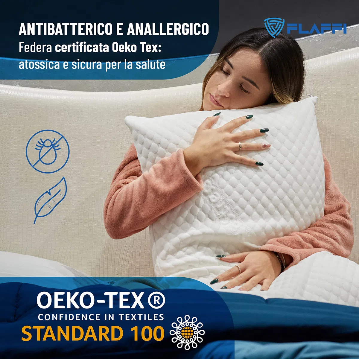 Flaffi Cuscino Letto Memory Foam - Guanciale Antisoffoco e Federa Antiacaro, Made in Italy, 70x40x13