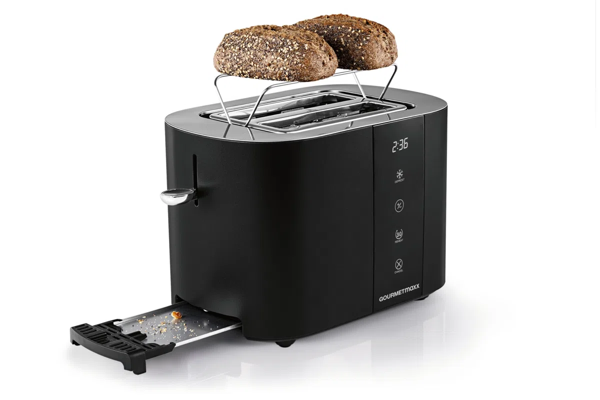GOURMETmaxx Tostapane con fessura corta per 2 fette | Tostapane nero con 6 gradi di doratura e conto alla rovescia pronto a 2 eat | Utensile da cucina elettrico con display touch, inserto per panini e
