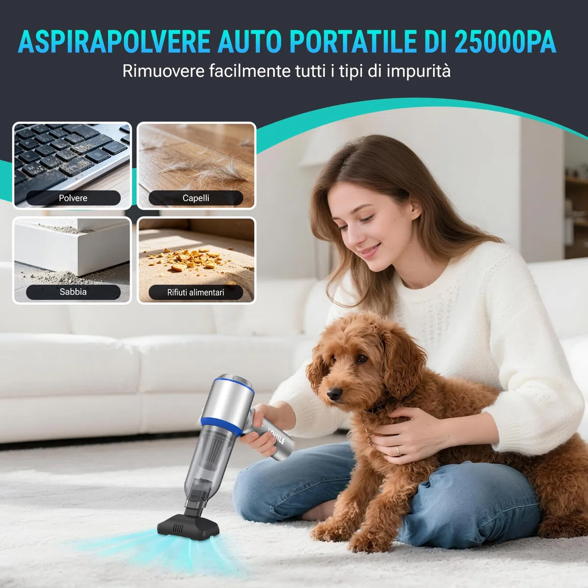Yomile Aspirabriciole Senza Fili 4 in 1, Aspirapolvere Auto 25000PA Aspirapolvere Senza Fili Potente con Motore Brushless, Mini aspirapolvere Soffiatore Aspiratore per Casa, Ufficio, Cucina