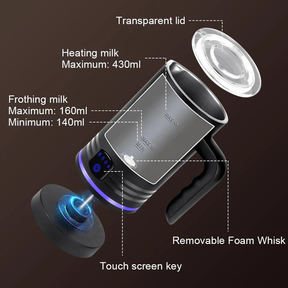 HOTUT Montalatte Elettrico Automatico, 4 in 1 Montalatte per Cappuccino Silenzioso, Capacità 160 ml Cappuccino o 430 ml Latte Caldo, Schiuma Latte Elettrico per Caffè, Cioccolata Calda, Cappuccino