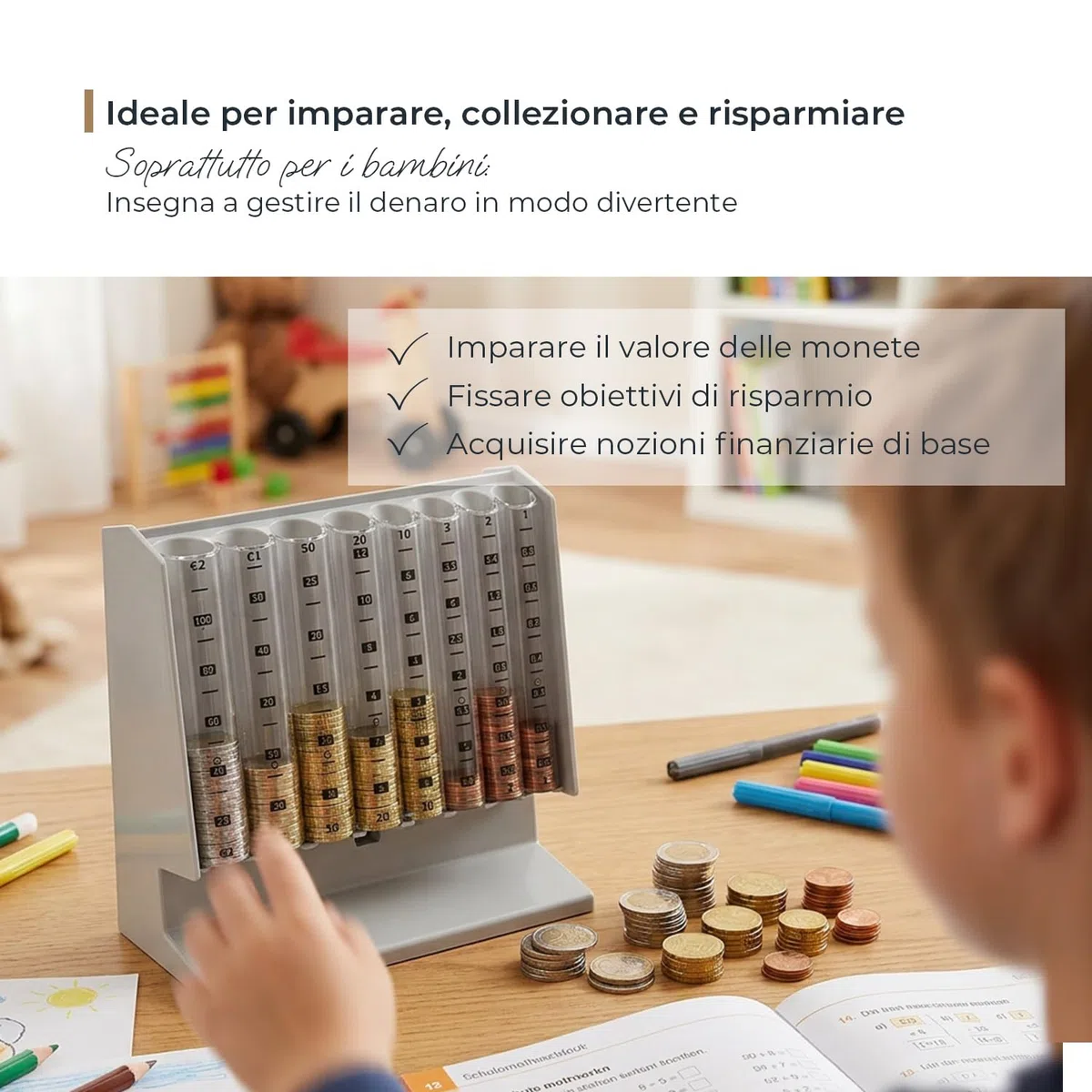 HMF Contamonete per ordinare e conservare gli spiccioli, selezionatore di monete trasparente con scala dei valori, salvadanaio per bambini | 21 x 19,5 x 10 cm | Grigio chiaro