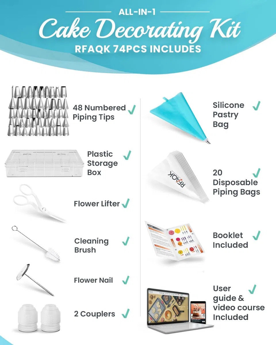 Beccucci Sac a Poche Riutilizzabile-RFAQK 74 PCs Bocchette Sac a Poche includere 48 Numerato Beccuccio Sacca a Poche & Sac a Poche Usa e Getta- Tabella Dei Modelli,EBook & Pasticceria Accessori