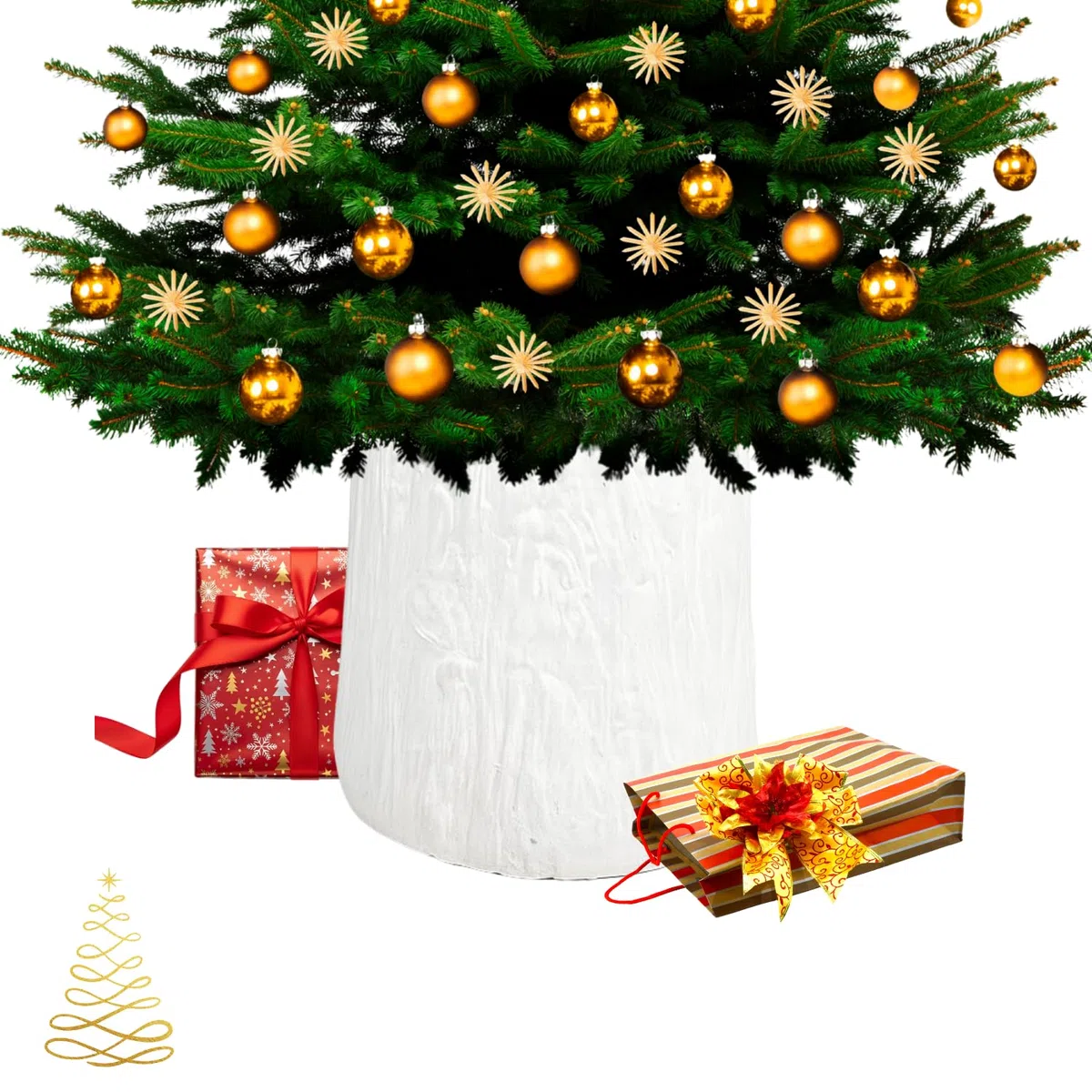 Base Albero di Natale Tronco Effetto Legno Innevato Realistico 34 x Ø 32 cm Ceppo Base Rialzata Fino a 180 cm Supporto Robusto Stabile Resistente Addobbi Decorativi Natalizi