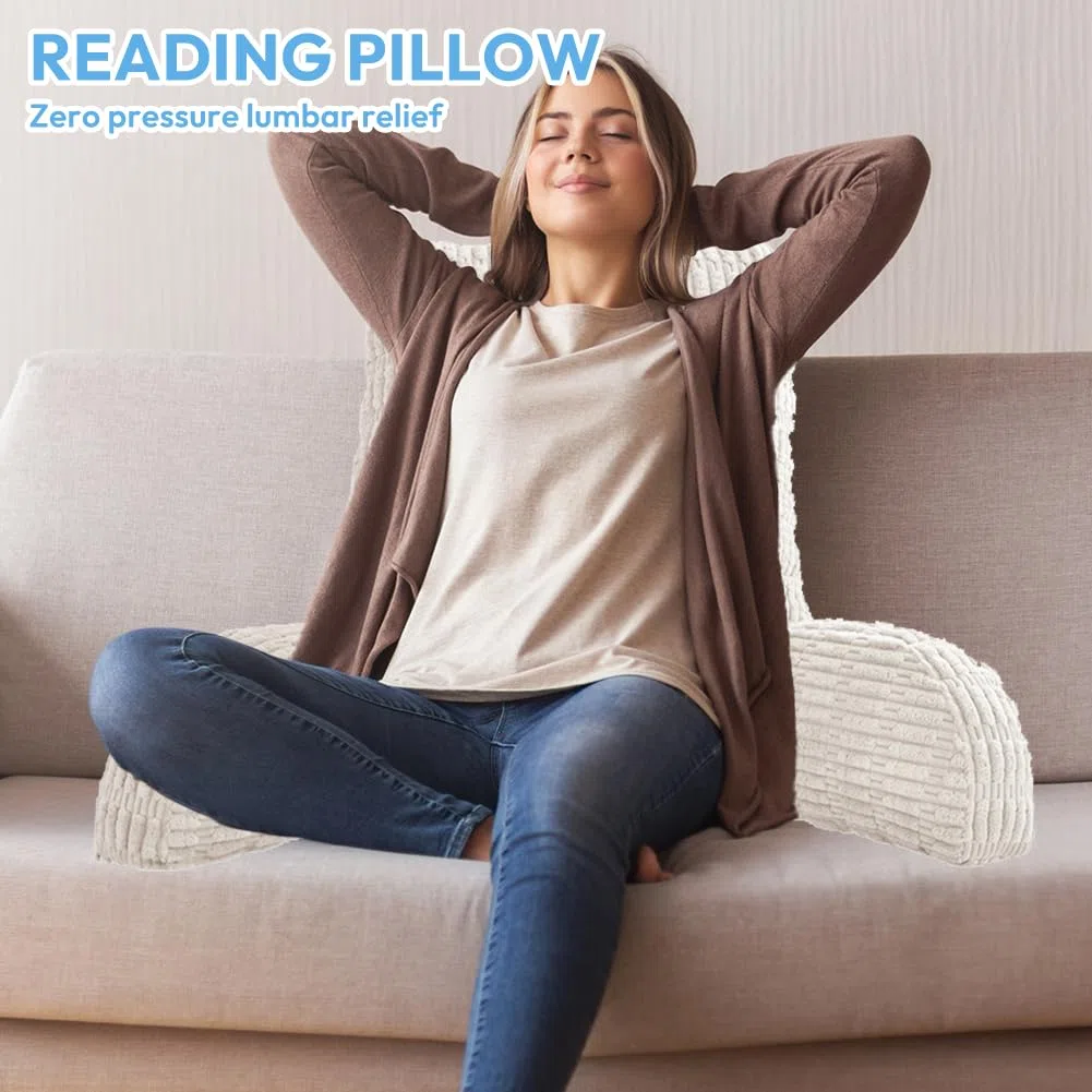 Cuscino da lettura, con braccioli, morbido per la schiena, per una maggiore presa e comfort di schiena, testa e collo, per riposo a letto, lettura, televisione (beige)