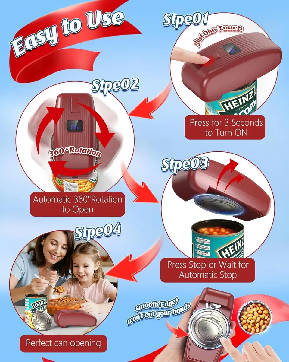 Apriscatole elettrico automatico con funzionamento one-touch, apriscatole elettrico intelligente per anziani, apriscatole ricaricabile per tutte le dimensioni – rosso