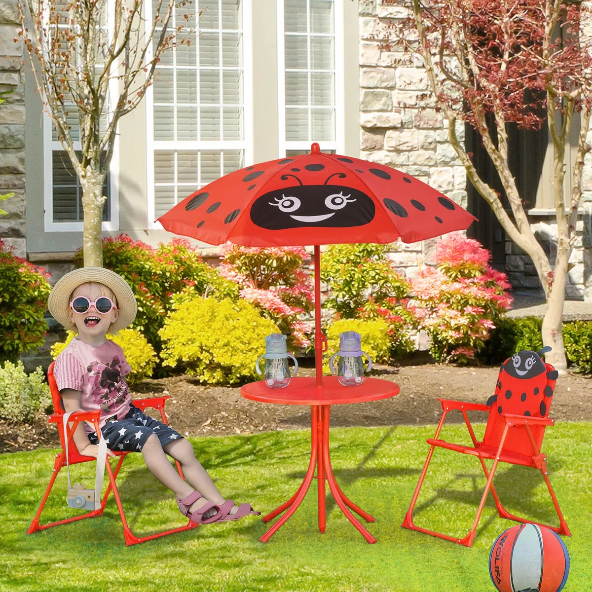 Outsunny Tavolo da Picnic per Bambini, Set Tavolo e Sedie con 2 Sedie Pieghevoli e Ombrellone Removibile, Tema Rana, Set da Esterno per Giardino, Patio, Rosso