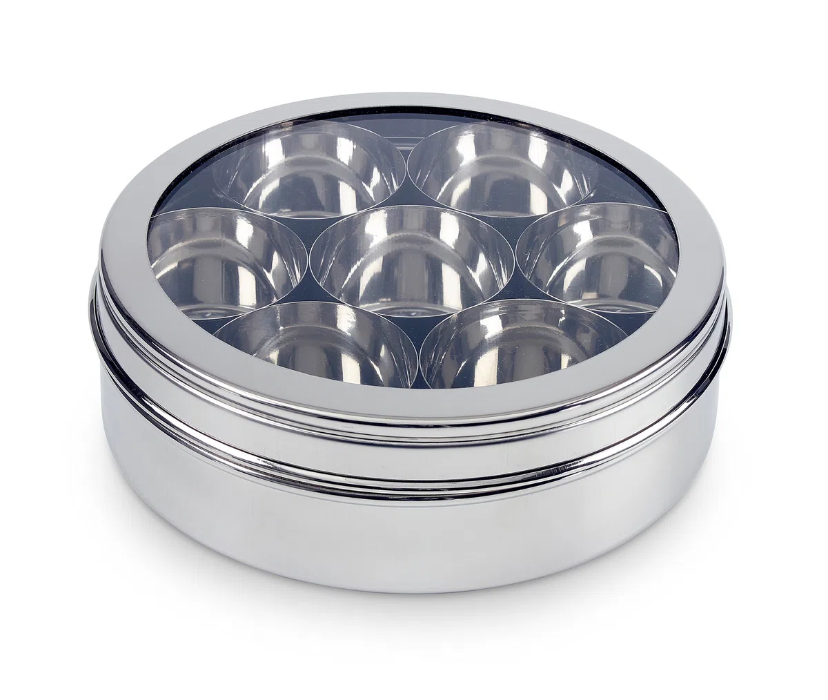 Scatola per spezie/Masala Dabba con 7 compartimenti e Coperchio Trasparente, in Acciaio Inox, 24 cm