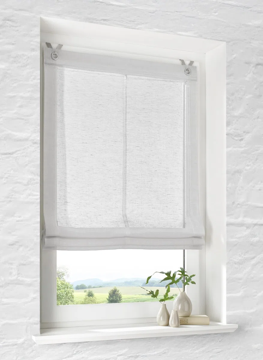 Tenda a rullo con occhielli Brondy, colore bianco semitrasparente, effetto lino con ganci senza foratura, larghezza 80 cm x altezza 140 cm