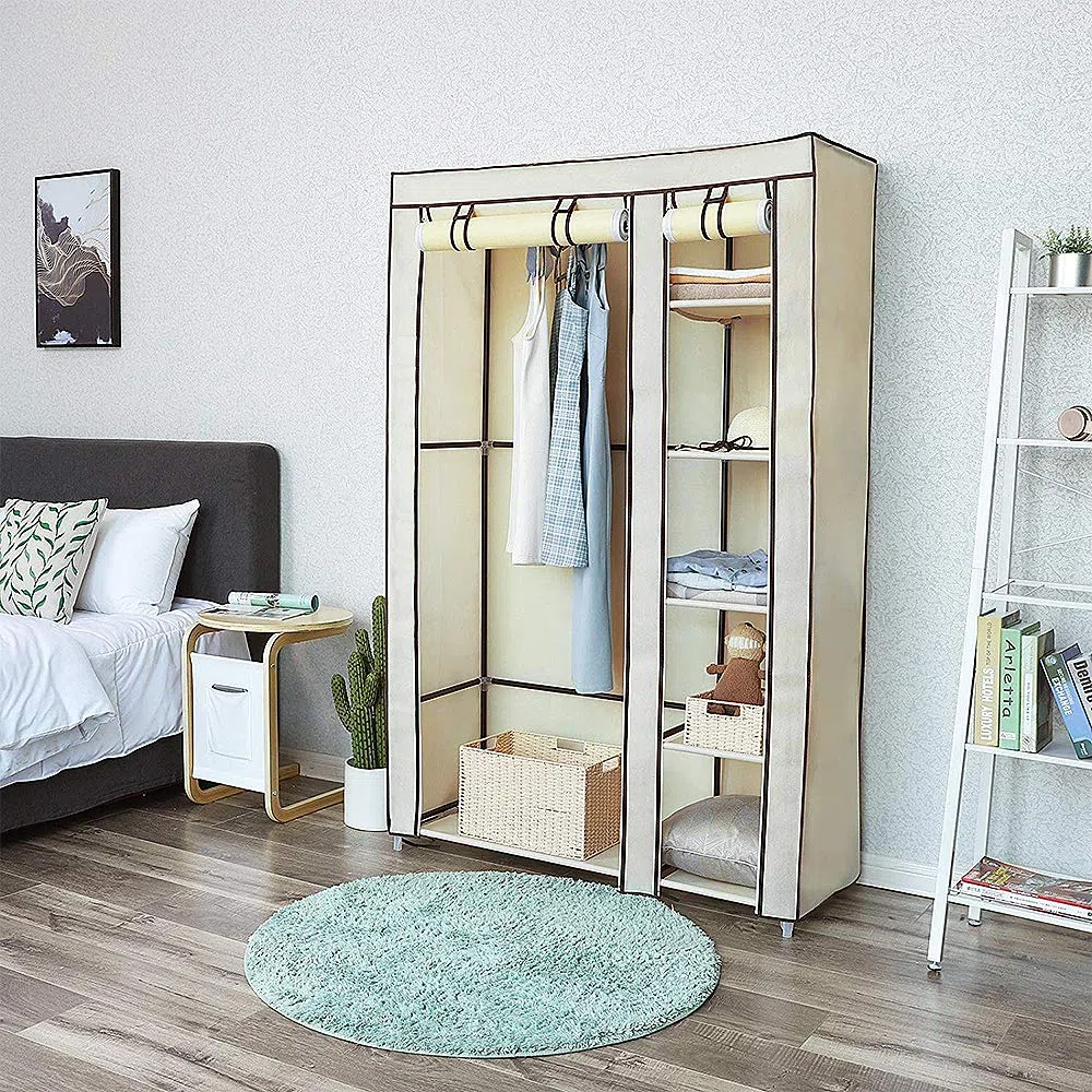 Armadio in Tessuto, Guardaroba, Appendiabiti, Ripiani Portaoggetti,con Asta per Abiti con Copertura, Capiente, per Borse, Giocattoli, Scarpe, Soggiorno, Camera da Letto, 110*45*175 cm (beige)