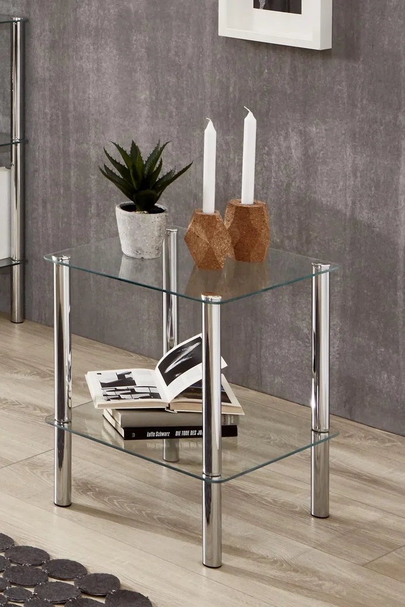 HAKU Tavolino quadrato in metallo cromato Tavolino da divano con piano in vetro di sicurezza - Dimensioni: L 39 cm x A 47 cm x P 39 cm, Stile: Moderno
