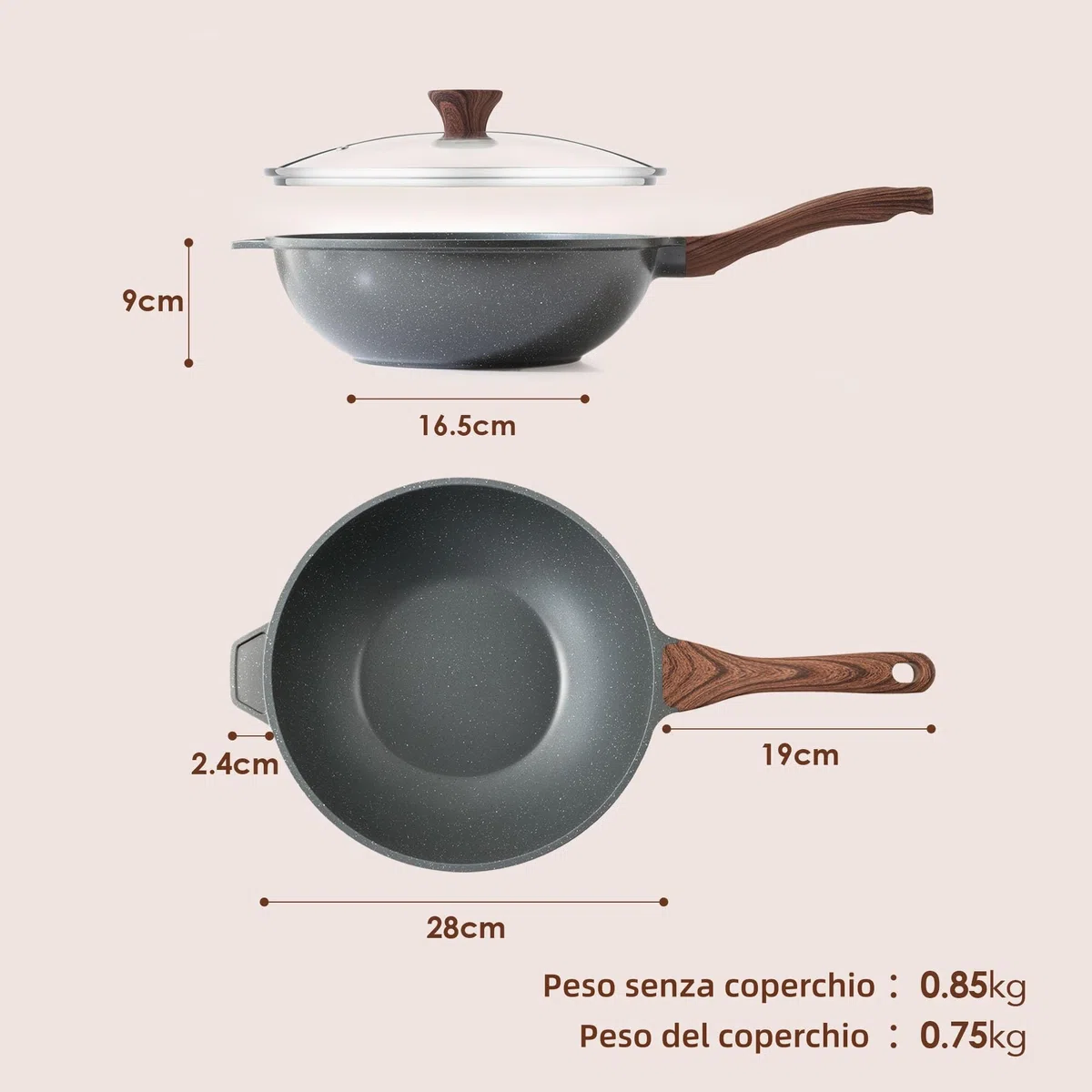 SENSARTE Wok Antiaderente in Alluminio 28 cm con Coperchio, Rivestimento Granito Svizzero ILAG Senza PFOA, Manico Ergonomico, Adatto a Induzione, Cucina Sana