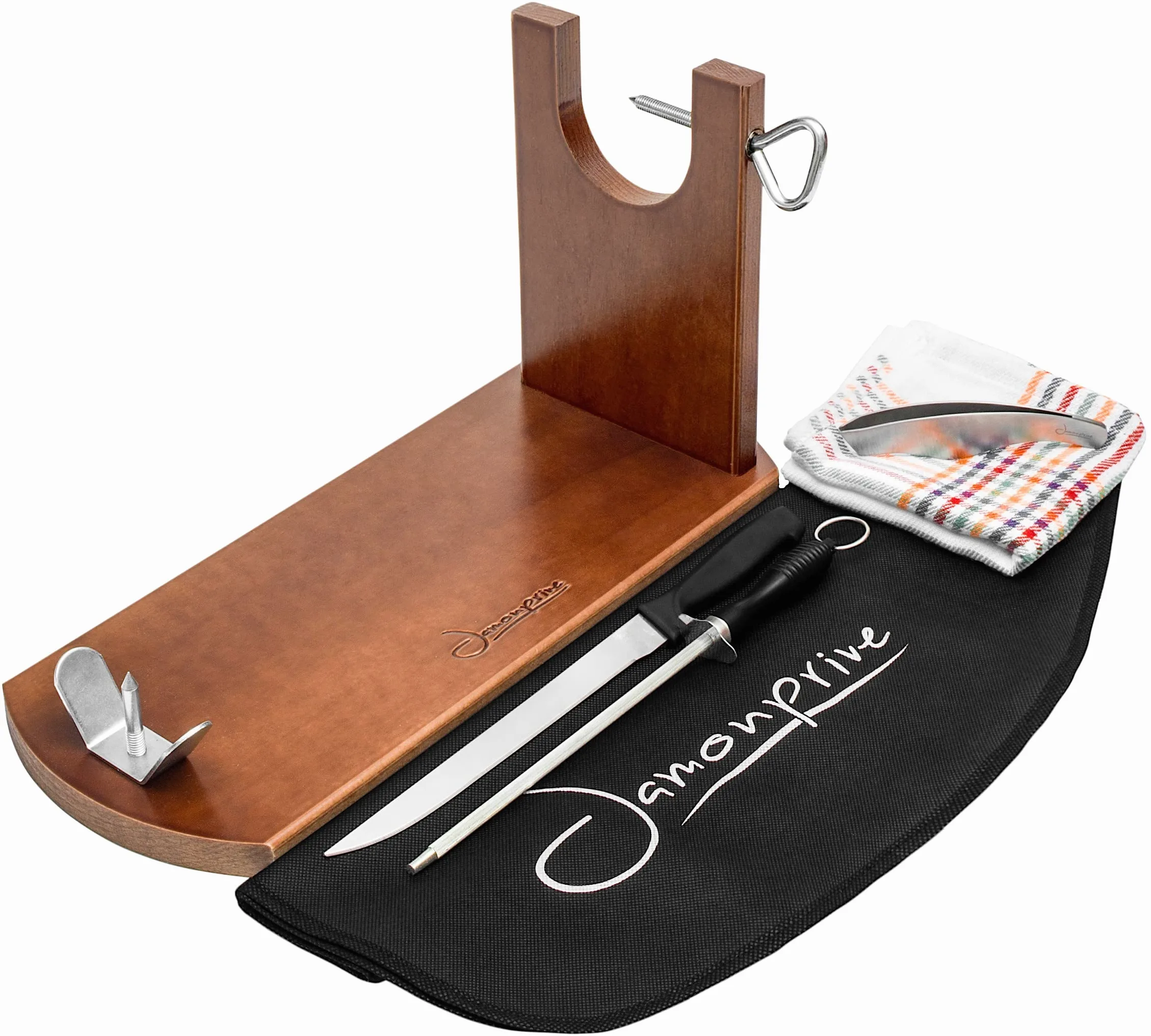Jamonprive Porta Prosciutto Professionale Laccato + Coltello + Affilacoltelli + Copri Prosciutto + Panno + Pinza - Portaprosciutto Ideale per Jamon Serrano, Iberico e Prosciutto Italiano