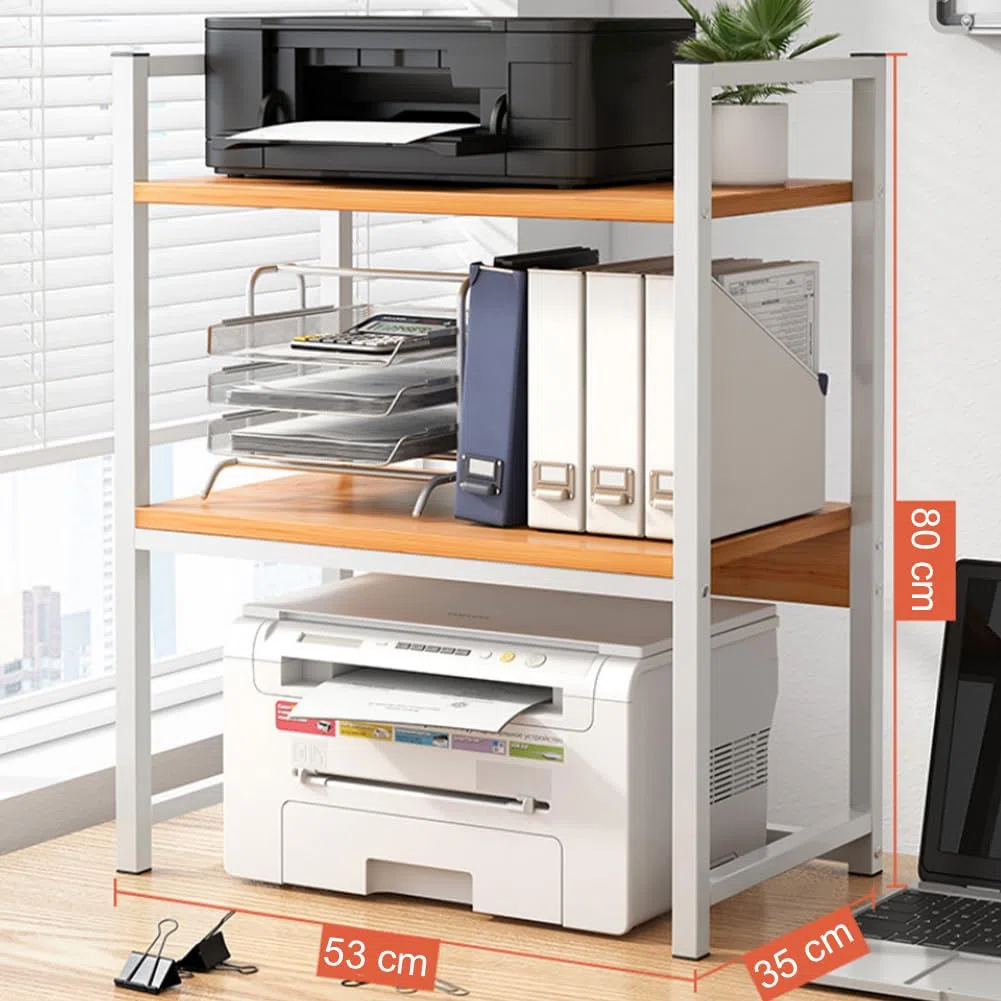 BAKAJI Scaffalatura Porta Stampante Salvaspazio in Acciaio e Legno, Mensola a 2 Ripiani con Piedini Anti Scivolo per Stampanti, Unità di Mensole Supporto da Ufficio Design Industrial (Beige + Bianco)