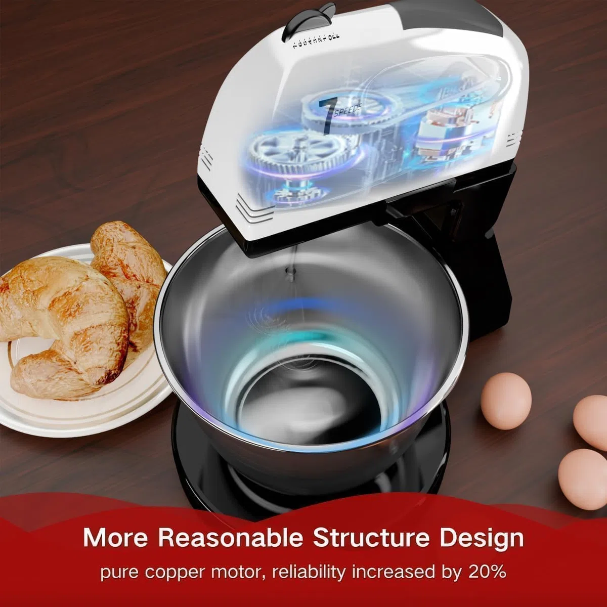 Impastatrice Planetaria, 7 velocità con ciotola in acciaio inossidabile 3QT, Robot da Cucina Multifunzione, supporto e sbattitore manuale con gancio per impastare, frusta (YM4)
