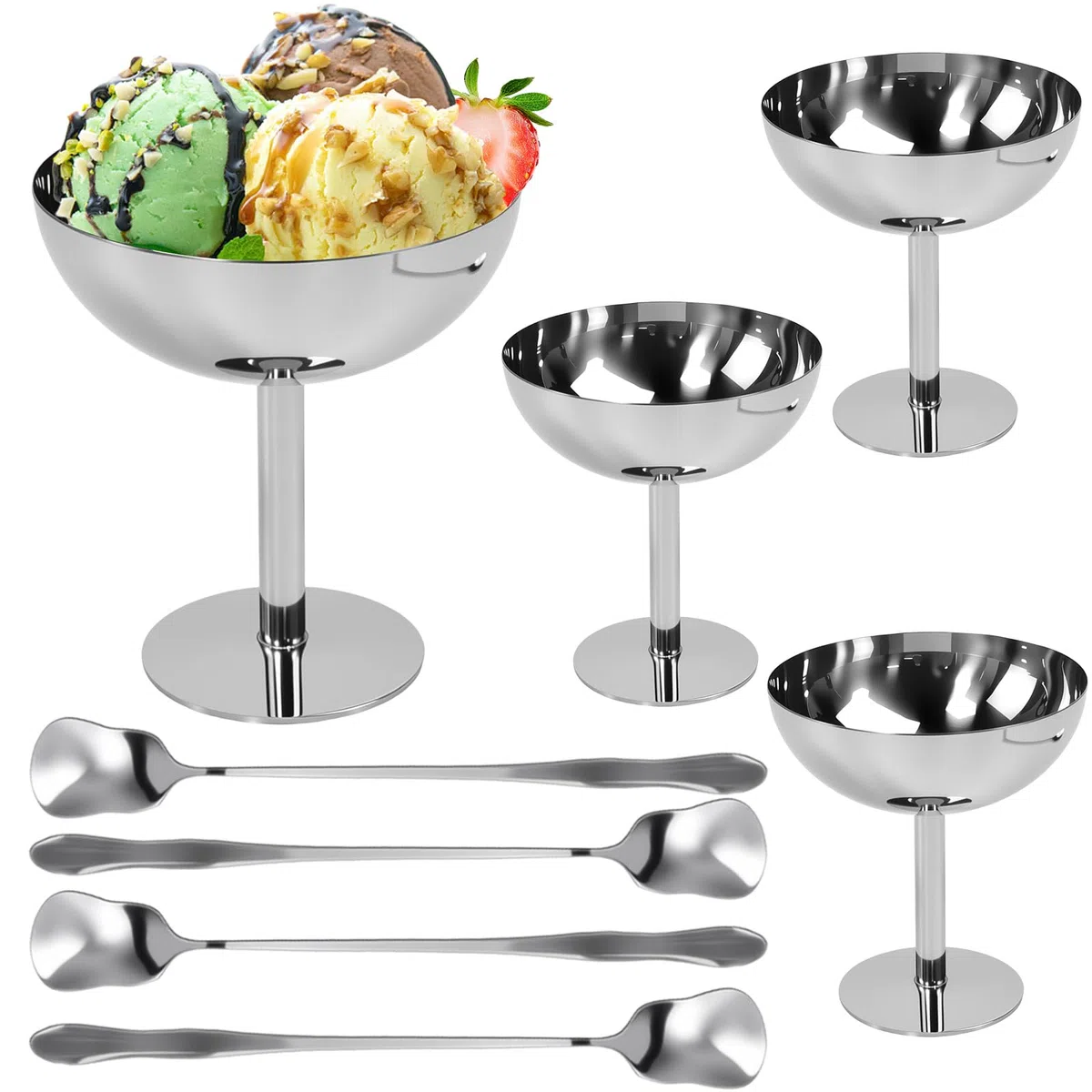 4 Pezzi Tazza per Gelato con 4 Cucchiaio Lungo, Ciotola per Gelato con Piede Ciotola Coppe da Gelato in Acciaio Inossidabile Piccole Ciotole da Dessert Riutilizzabili Bicchieri da Yogurt