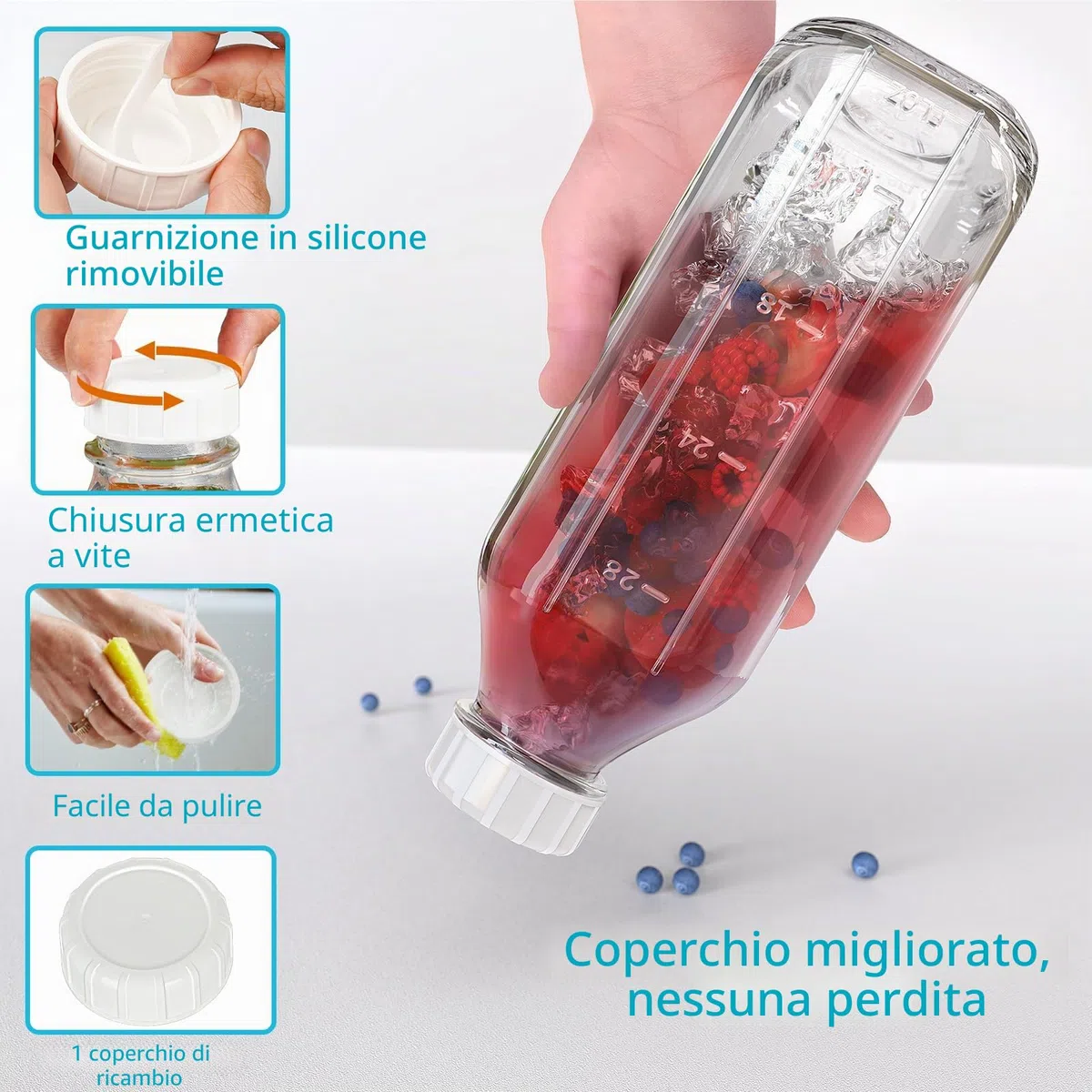 Absovetu Confezione da 2 bottiglie in vetro riutilizzabili con coperchio a vite ermetico, brocca per latte in vetro da 1 litro con beccuccio versatore, dispenser per bevande, succhi di frutta, latte,
