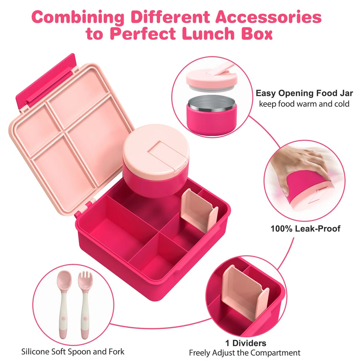 Itslife Set pranzo per bambini con contenitore termico da 300 ml, a prova di perdite, contenitore per il pranzo per bambini con 4 scomparti, borsa termica senza BPA, per bambini, scuola, gite (rosa)