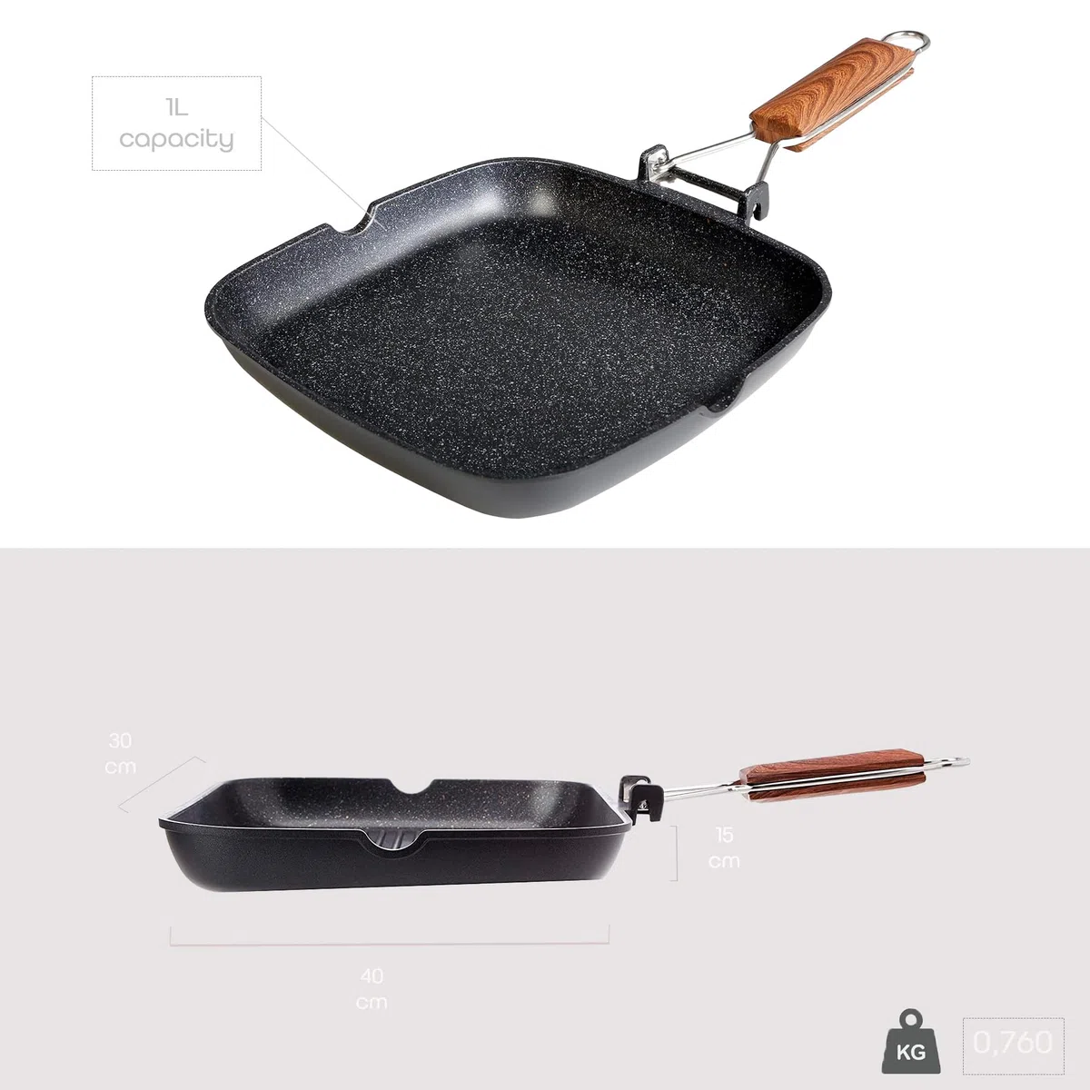 WECOOK! Ecochef Titanio Bistecchiera Liscia, Induzione, 24x24cm, Antiaderente QUANTANIUM Ecologico senza PFOA, Alluminio Fuso, 5mm di Spessore, Manico in Legno Pieghevole, Vitroceramica, Gas