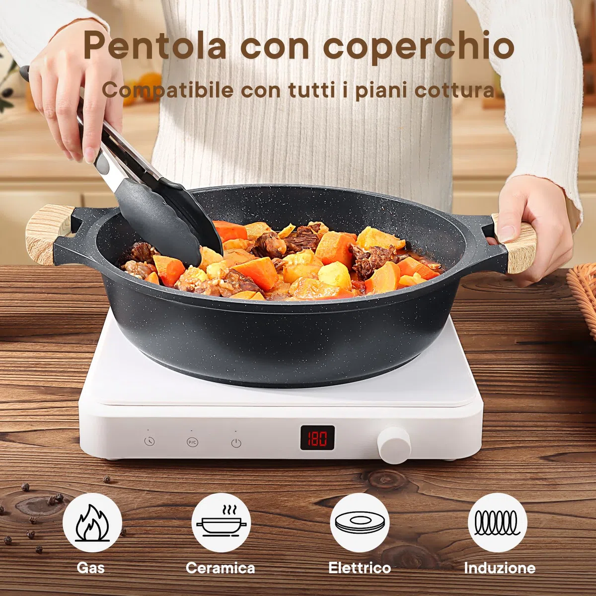 GiPP Tegami da 32 cm, Struttura in Alluminio Pressofuso, Pentola Bassa Antiaderente Ad Alte Prestazioni con Coperchio in Vetro, Tutti Fornelli y Induzione Senza PFOA