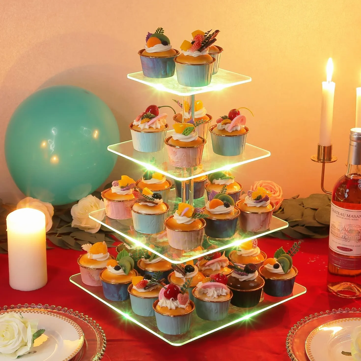 4 Piani Cupcake Stand, Ulifeme LED Ricaricabile Alzata, Supporto per Esposizione di Dolci Trasparente Quadrato, Torre di Cupcakes per Natale, Matrimoni, Anniversari, Feste Prenatalizie e Compleanni