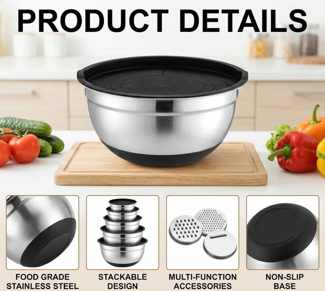 Set di 6 ciotole per la cottura, ciotola in acciaio inox con coperchio trasparente, 3 grattugie, 4,5 l/2,7 l/2 l/1,5 l/1,2 l/0,7 l, per cucinare, cuocere, cucina, nero