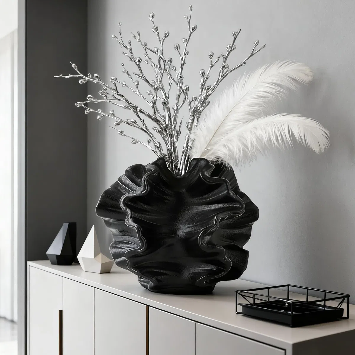 Vaso Decorativo da Interno, SUKIYPO Vaso in Ceramica, Vasi Decorativi Interno Moderni per Nordico, Arredamento Casa Vasi di Fiori Estetici Boho Vase per Casa, Soggiorno, Ufficio, Nero