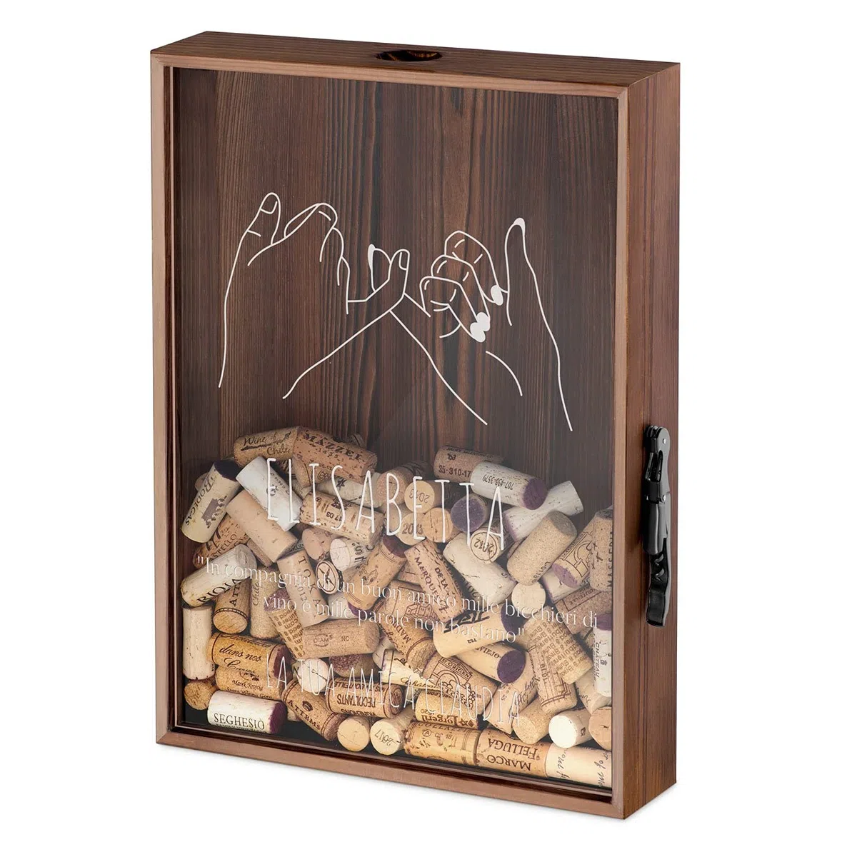 Maverton Raccogli tappi di sughero o birra - con stampa personalizzata - in legno - cavatappi per vino e birra con un coltellino - scatola porta tappi - regalo donna - amicizia