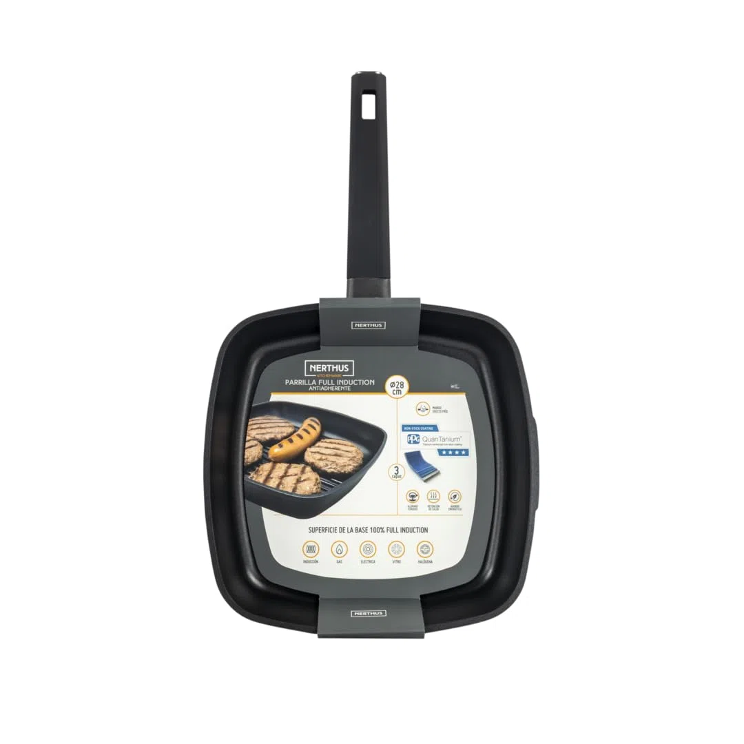 Nerthus FIH 1567 padella grill in alluminio pressofuso con rivestimento antiaderente quantanium adatta a induzione gas e vetroceramica manico ergonomico resistente al calore 28 cm