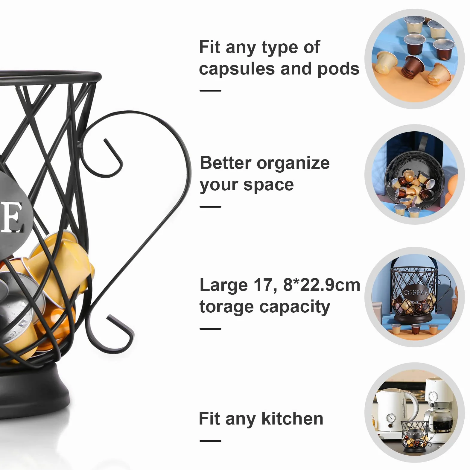 Cesto per Capsule da Caffè, Organizzatore di Cialde, Cestino Portaoggetti Design Originale Nero, Accessori Perfetti Grande Capacità