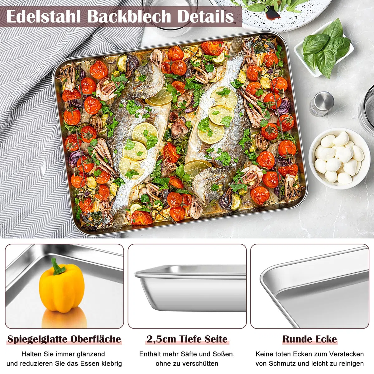 Homikit Teglia da forno con griglia di raffreddamento, in acciaio inox, grande teglia da forno e griglia di raffreddamento per torte, 40,5 x 30,5 x 2,5 cm, facile da pulire e lavabile in lavastoviglie