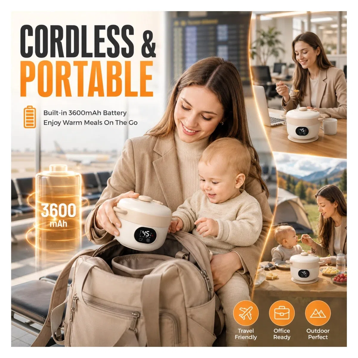 Cuifati Scaldavivande elettrico portatile da 470 ml (16 oz), alimentato a batteria, in acciaio inossidabile, con riscaldamento a un clic, ideale per lavoro, viaggi, bambini e adulti