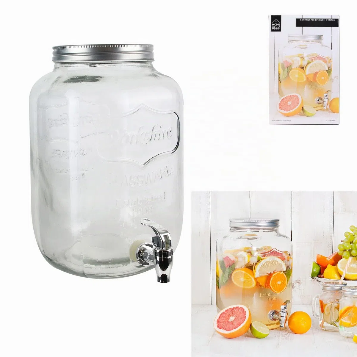 HOME DECO FACTORY Fontana per Bevande in Vetro, 8 L, Trasparente