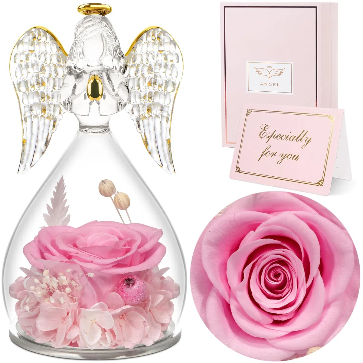 Sunia Rosa Eterna Regalo Donna, Rosa Stabilizzata Vera in Angel Cupola, Angelo Figurine di Vetro per Mamma e Nonna, Regali Compleanno, Natale, San Valentino e Festa della Mamma