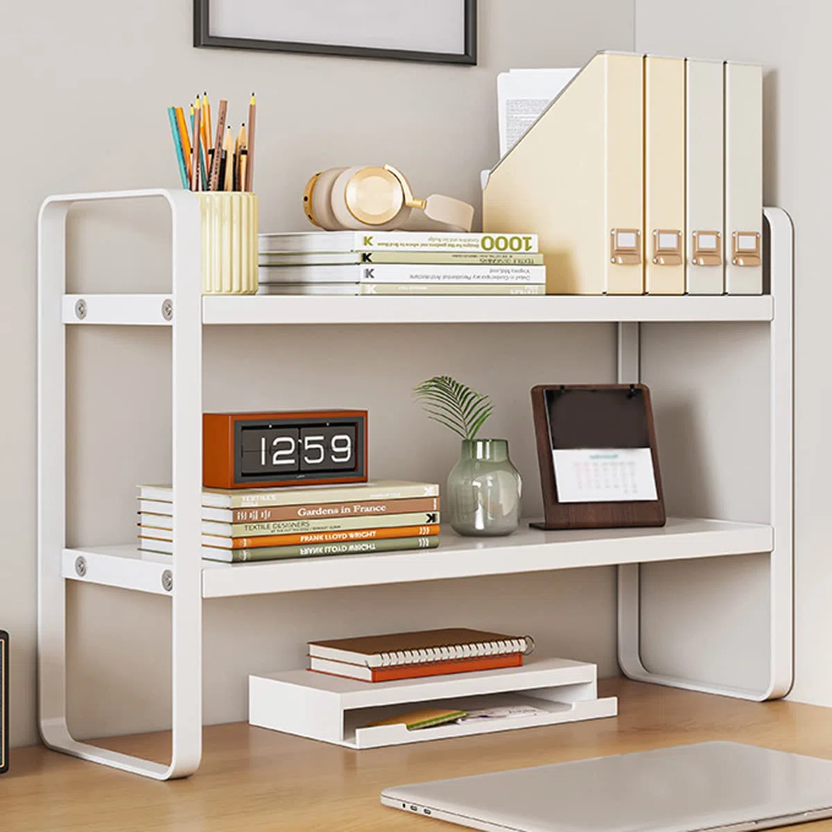 Scaffale organizer da scrivania, scaffale da scrivania in legno, libreria da scrivania (bianco + bianco)