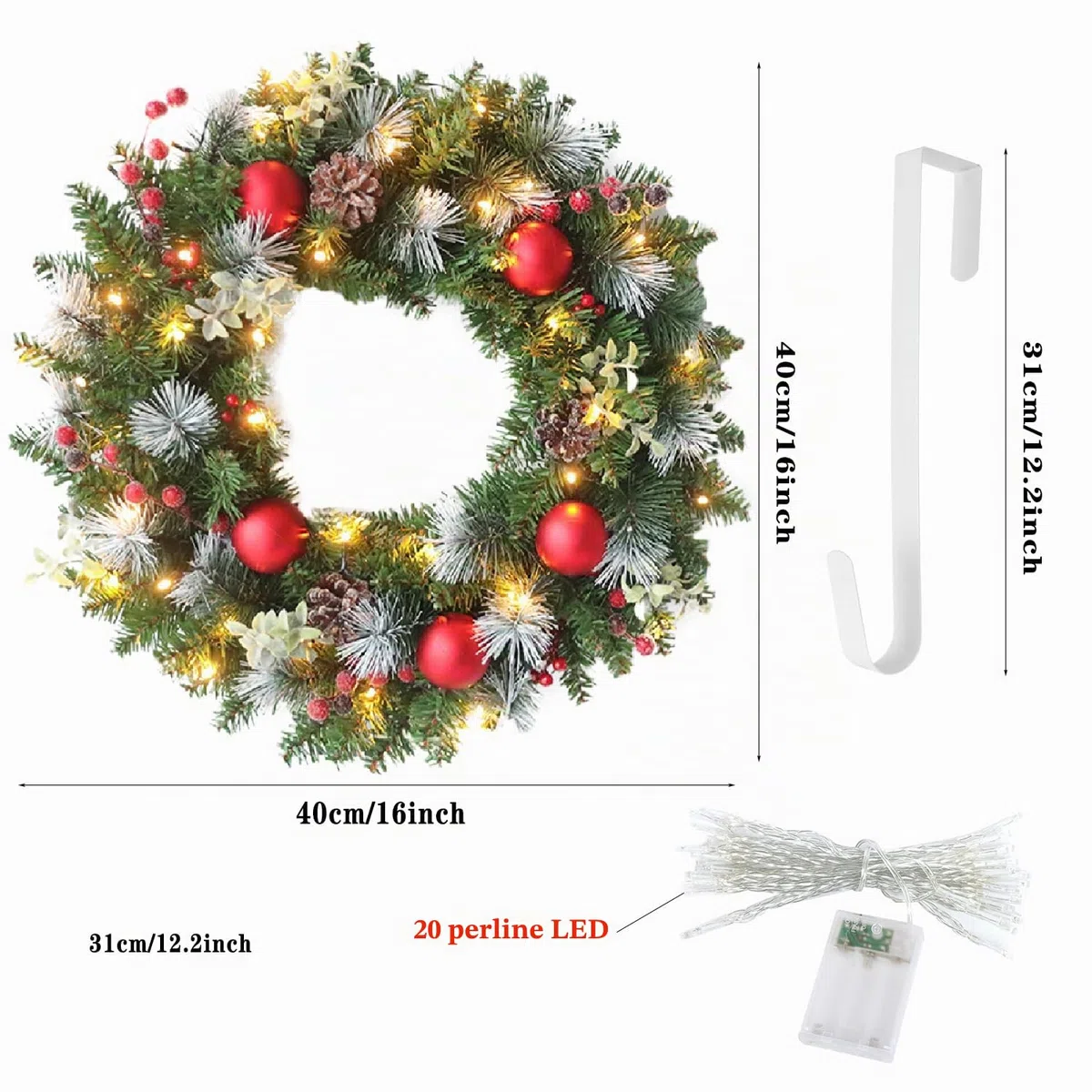Ghirlanda natalizia da 40 cm, decorazioni per porta d'ingresso, con luci a LED e gancio, ghirlande artificiali per finestra, camino, decorazione natalizia da parete, per interni ed esterni,