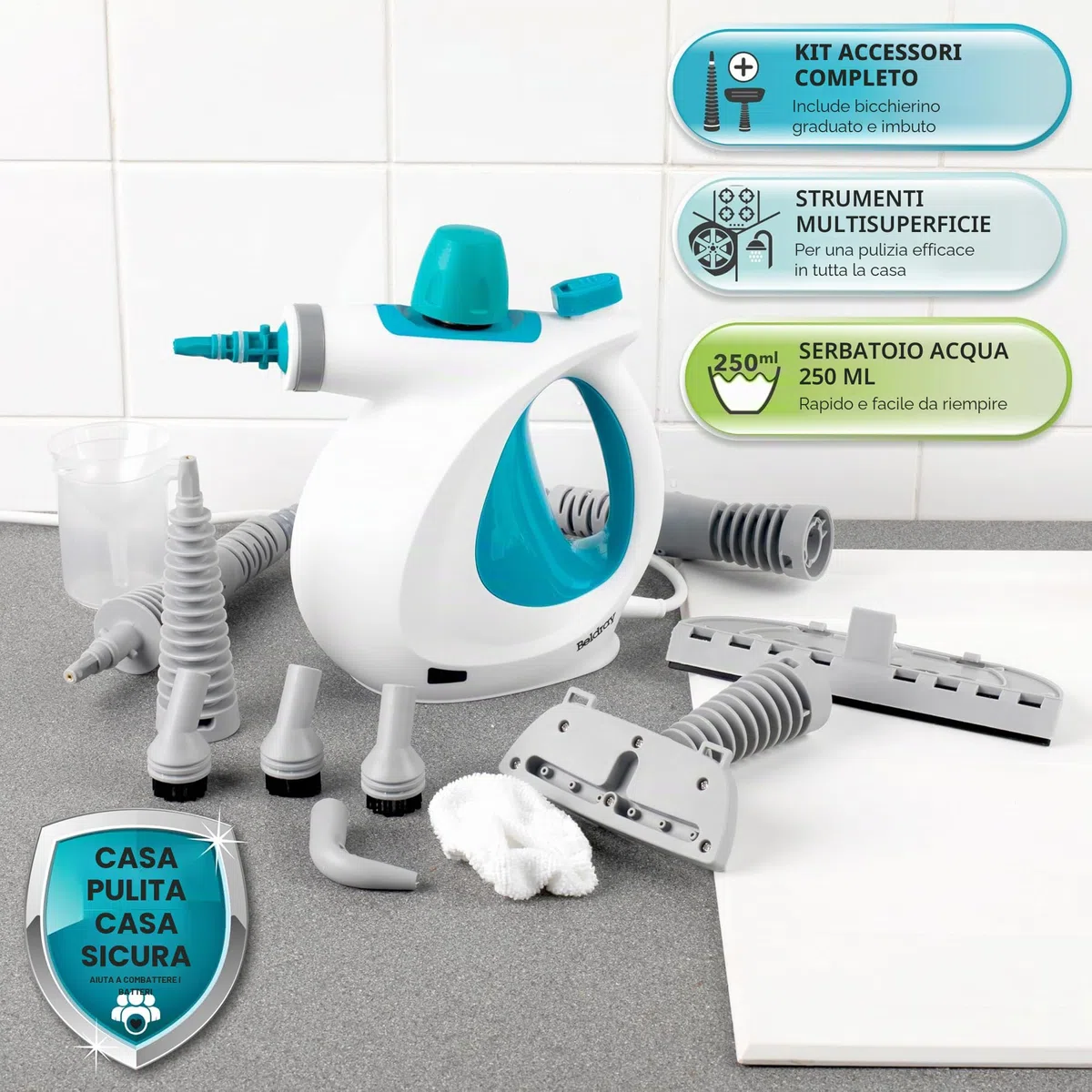 Beldray BEL0701TQN Detergente a vapore portatile 10-in-1, perfetto per tappezzeria, Piastrelle per bagno, specchi e finestre, scopa a vapore detersivo, Uccide efficacemente i batteri, Turchese, 1000W