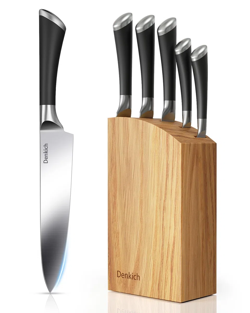 Coltelli da Cucina, 6 Pezzi Professionali Scoltelli da Cucina Tedesco in Acciaio Inossidabile, Ceppo con Blocco in Legno di Caucciù, Include Coltello da Chef, da Pane, da disco etc(8 pollici)