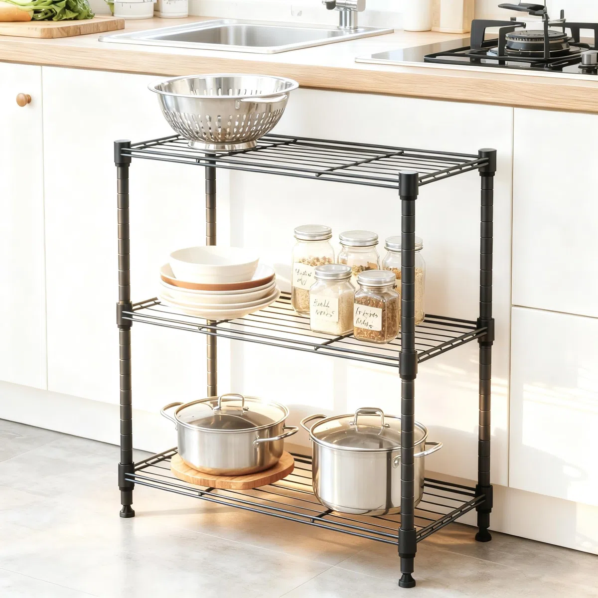 M MZG - Scaffalatura in acciaio per stoccaggio da 450 lbs, unità di scaffalatura utility a 3 livelli, organizer in filo d'acciaio per casa, cucina, ufficio 30 x 45 x 67 cm