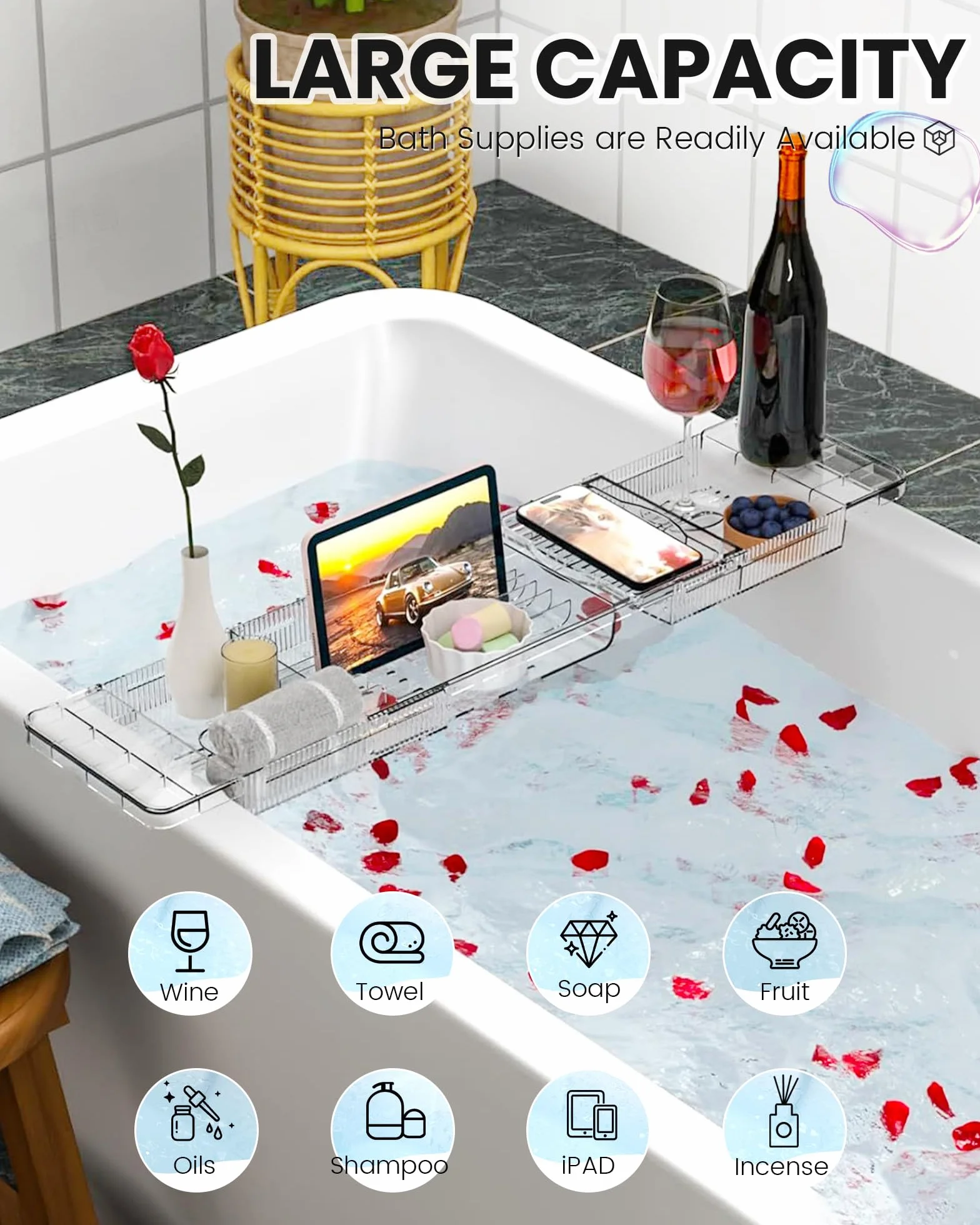 Vassoio vasca da Bagno in Acrilico, Vassoio per Vasca da Bagno Estensibile, Mensola Vasca da Bagno per Contenere iPad, Bicchiere di vino e Libri, vassoio Bagno Trasparente, Accessori Vasca da Bagno