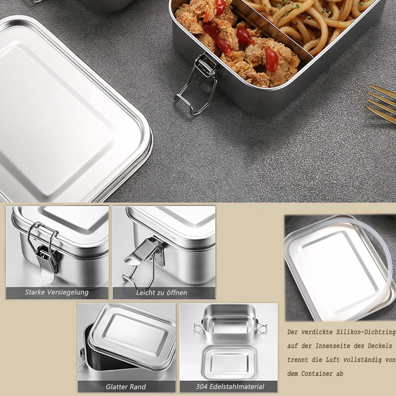 Confezione da 4 contenitori per alimenti in acciaio inox 304, per insalata e pasti residui, a prova di perdite, in acciaio inox grande (550 x 2/850/1400 ml)