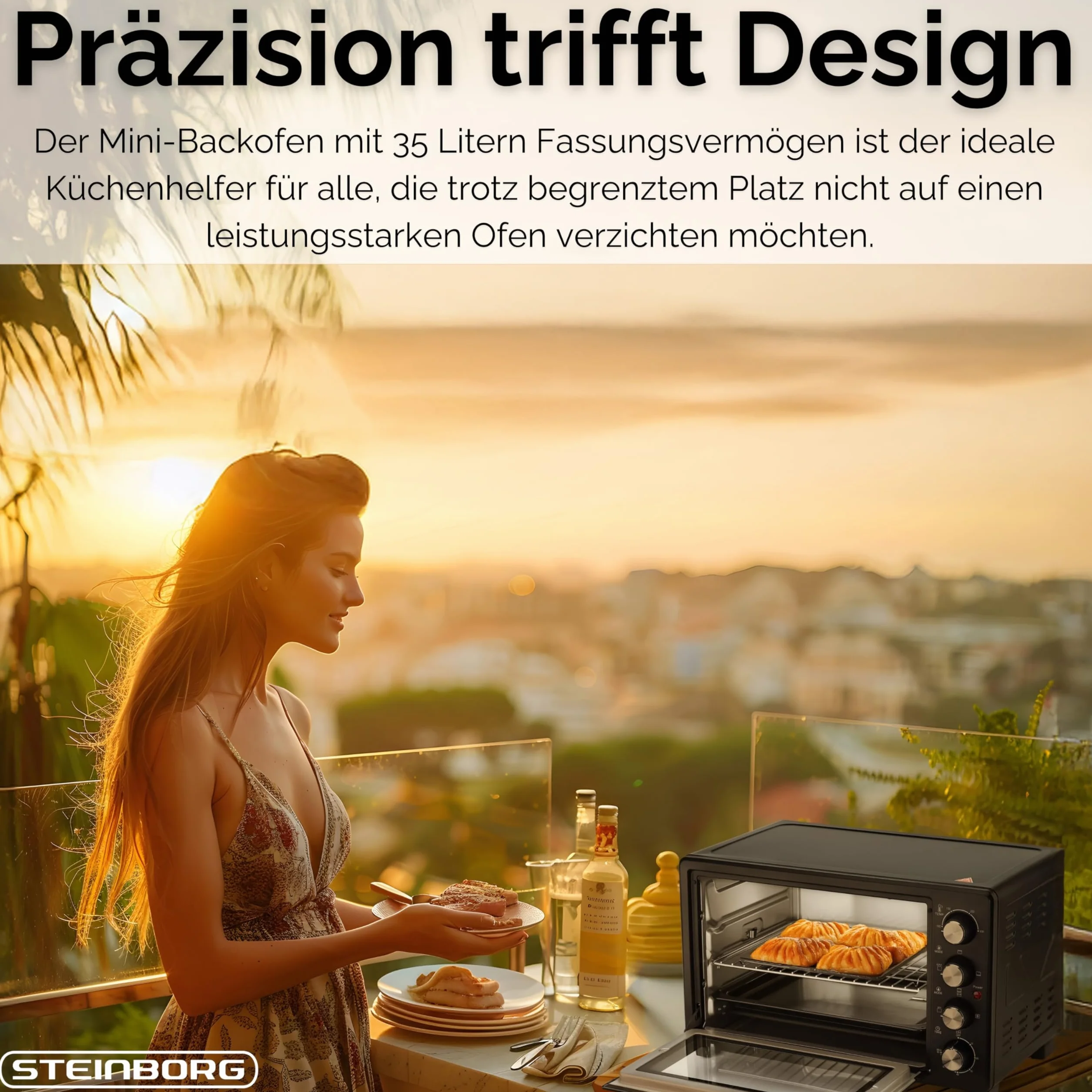 Steinborg Mini forno da 35 litri con convezione e spiedino, piastra per briciole, calore superiore e inferiore, 1.600 Watt, mini forno con timer, piccolo forno, autoportante, regolazione della