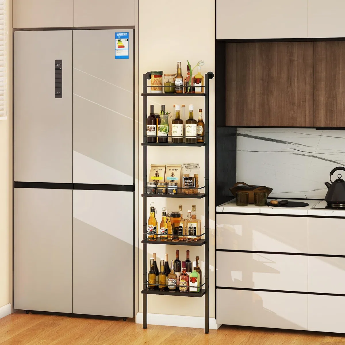 YMYNY 5-Tier scaffali di vino indipendenti, scaffale di esposizione bottiglie di liquore con recinzioni, scaffale galleggiante montato a parete per la cucina, 43 x 20 x 177CM Nero HWR001B