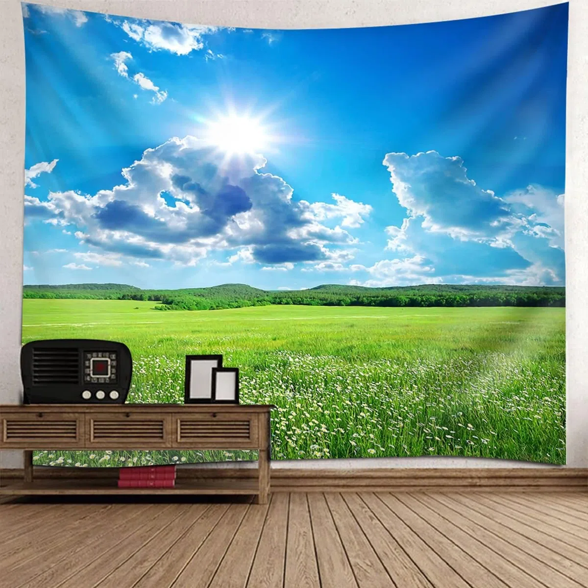 Homxi Arazzo Parete Camera da Letto 240 W x 220 H CM, Paesaggio di Prato e Sole, Poliestere Decorazione Parete, Blu Verde