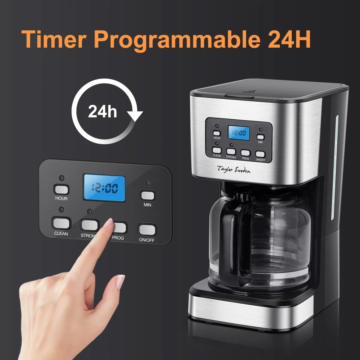 Taylor Swoden Darcy - Macchina da caffè Americano 950W per 12 tazze e capacità da 1,5 L con filtro riutilizzabile e base con mantenimento caldo, sistema antigoccia, timer e BPA FREE