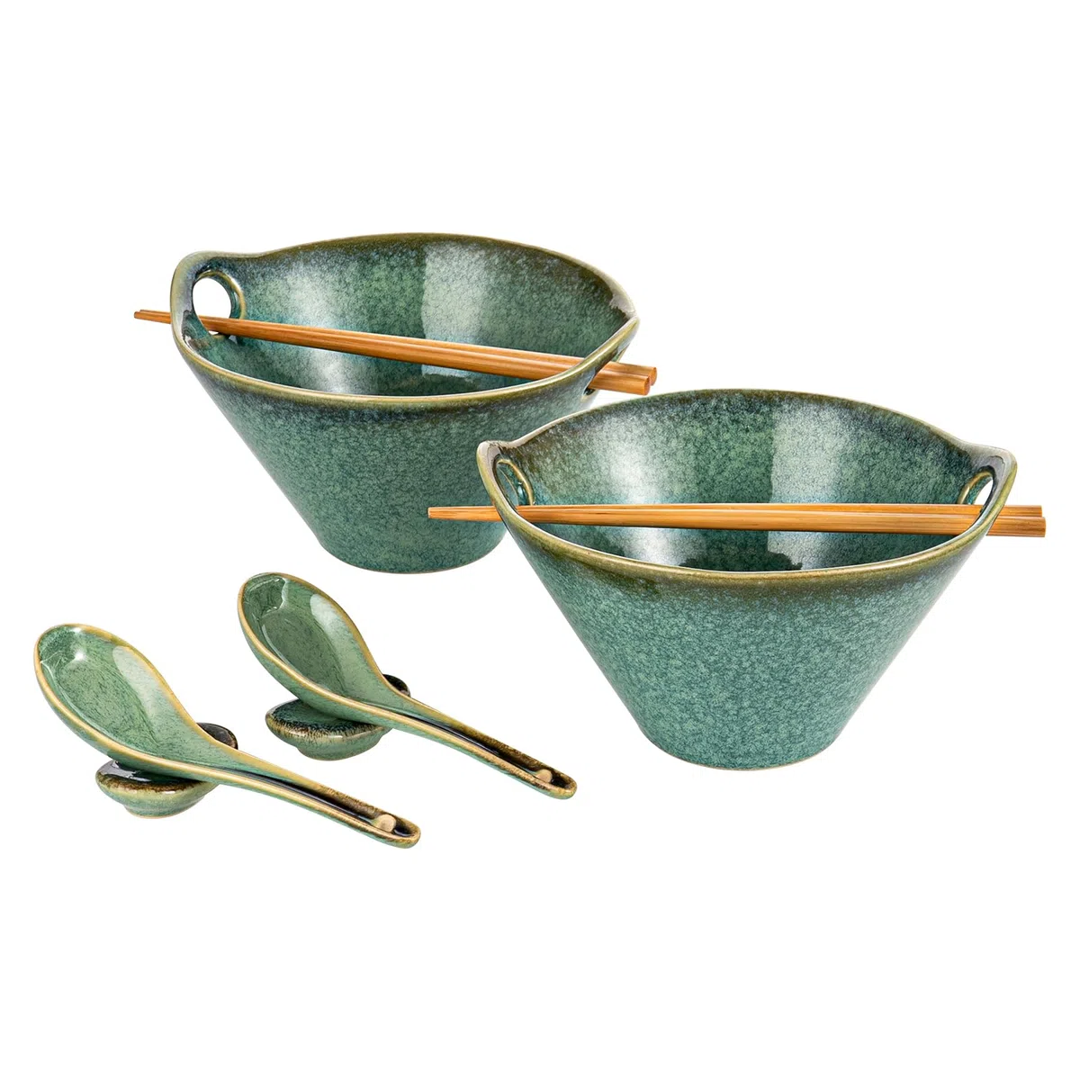 HENXFEN LEAD Ramen - Set di 2 ciotole in ceramica, 780 ml, con bacchetta, cucchiaio e poggia cucchiaio, verde lucido